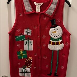 Red Holiday Sweater Vest with Snowman Design